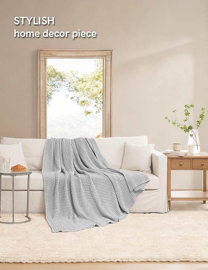 YnM Chunky Cotton Knit Throw Blanket, Cable Knit Throws for Bed Couch Sofa, Comfy & Relaxing, Decorative Piece for Farmhouse Modern Boho Rustic Scandinavian Chic Vibe, Quarry Grey 60x80 Inches-Ruum Studio Home