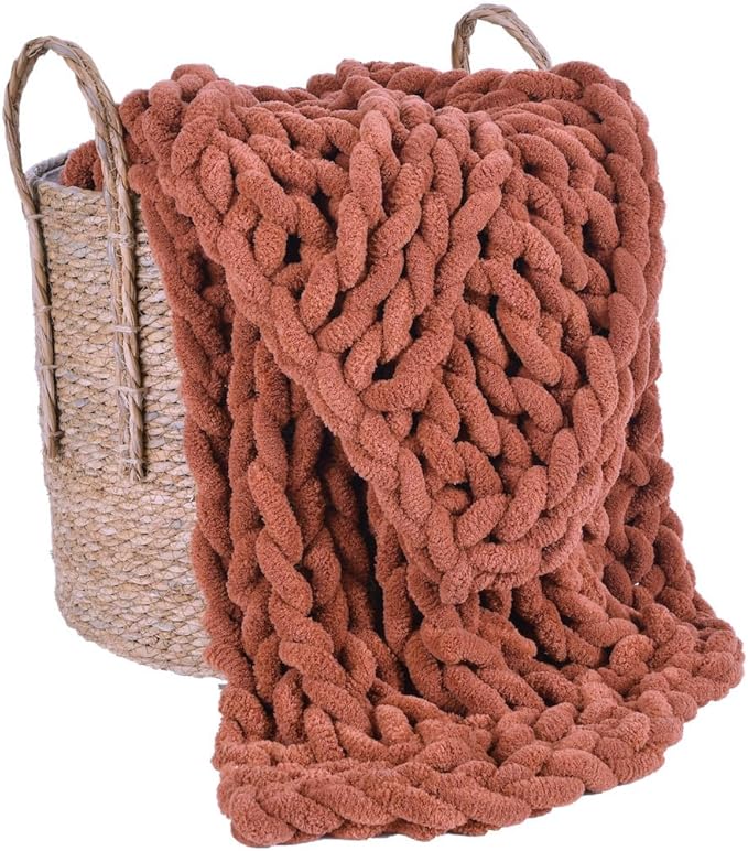 Esterra Chunky Knit Blanket Throw, 100% Handmade Chenille Throw Blanket 50"x60", Soft Thick Yarn Cable Knit Crochet Throw Blanket Rope Knot Throw for Couch Bed Sofa, Copper Brown-Ruum Studio Home