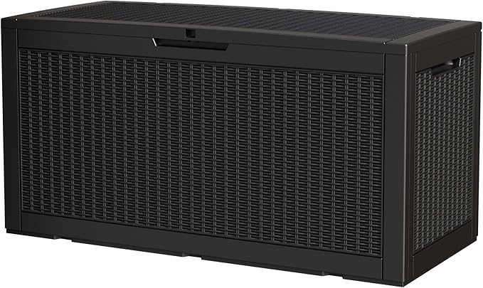 100 Gallon Storage Box, Waterproof Resin Deck Box with Hydraulic Piston Design, Lockable Storage Bench for Package Delivery, Storage Bin for Patio Cushions, Garden Tools, Black-Ruum Studio Home