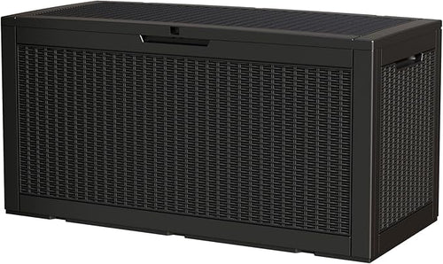100 Gallon Storage Box, Waterproof Resin Deck Box with Hydraulic Piston Design, Lockable Storage Bench for Package Delivery, Storage Bin for Patio Cushions, Garden Tools, Black-Ruum Studio Home