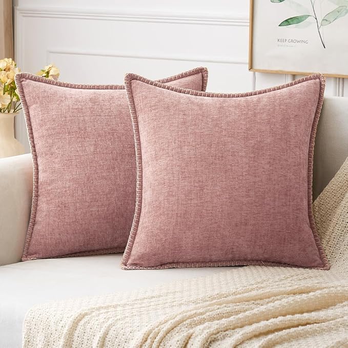 MIULEE Pack of 2 Couch Throw Pillow Covers 24x24 Inch Blush Pink Farmhouse Decorative Pillow Covers with Stitched Edge Soft Chenille Solid Dyed Spring Pillow Covers for Sofa Bed Living Room-Ruum Studio Home