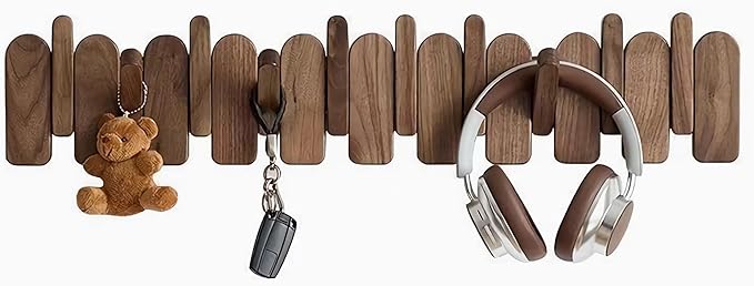 Wall Mounted Piano Key Hanger | Flip Style Hook | Entrance Wall Art Hook, Made of Oak Wood (3 Times Painted, 4 Times Polished) (Arc Walnut, 8Hooks)-Ruum Studio Home