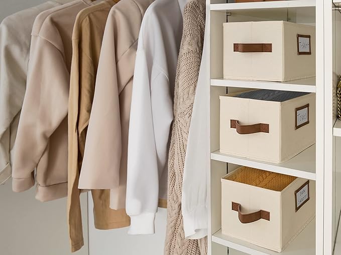 StorageWorks Storage Baskets for Shelves, Foldable Fabric Closet Storage Bins with PU Handles, Fabric Storage Bins Clothes Organizer, Ivory White, 3-Pack, Small-Ruum Studio Home