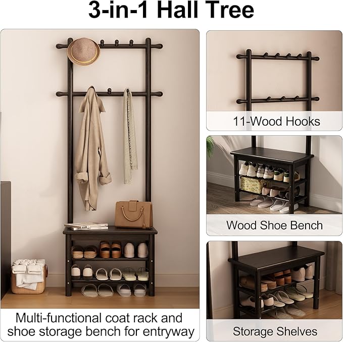 Coat Rack with Shoe Storage, Narrow Wooden Hall Tree with Bench, 11 Hooks and 2-Tier Storage Shelves, 3-in-1, Entryway Bench with Coat Rack (23.6"-Black)-Ruum Studio Home