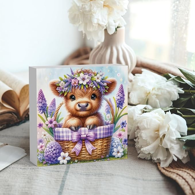 Highland Cow Hyacinth Flowers Decor, Highland Cow Bathroom Decor, Highland Cow Baby Decor, Highland Cow Nursery Decor, Wooden Box Decor Sign for Home Farmhouse Office Living Room Table Shelf Tiered-Ruum Studio Home