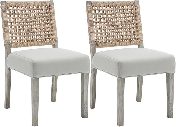 Kmax Farmhouse Dining Chairs Set of 2, Rustic Kitchen Chairs with Linen Fabric Seat and Woven Back, Vintage Accent Chairs for Dining Room, Living Room, Ivory-Ruum Studio Home
