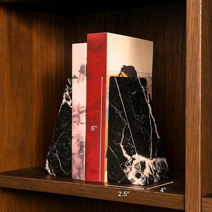 Bey-Berk Black Zebra Marble Bookends, Black ? 7.25" Tall, White Veins, Heavy-Duty Triangular Stone Book Stopper-Ruum Studio Home