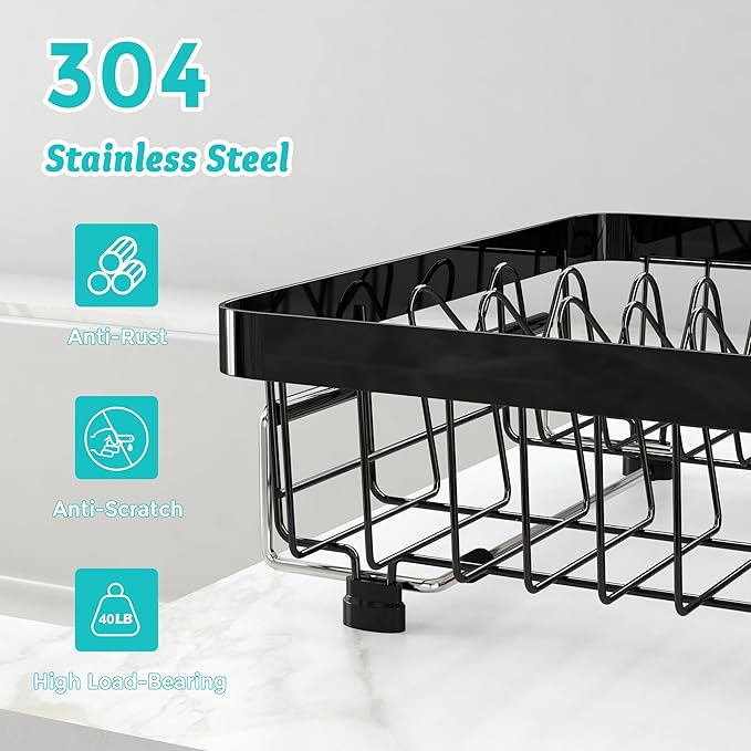 MAJALiS Dish Drying Rack in Sink -Expandable Stainless Steel Over Sink Dish Rack (11.3''-17''), Adjustable Capacity Dish Strainers for Kitchen Sink Counter with Utensil Holder, Black-Ruum Studio Home