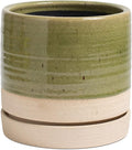 6 Inch Plant Pots, Ceramic Planter Pot with Drainage Hole & Saucer, Indoor/Outdoor Cylinder Round Planter Pot, Green & Beige-Ruum Studio Home