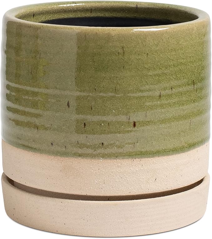 6 Inch Plant Pots, Ceramic Planter Pot with Drainage Hole & Saucer, Indoor/Outdoor Cylinder Round Planter Pot, Green & Beige-Ruum Studio Home