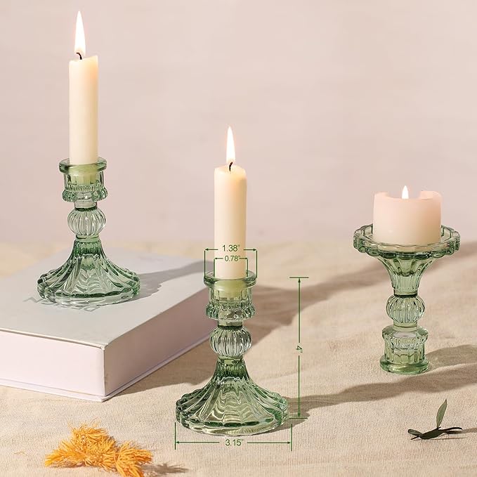 12PCS Green Candlestick Holders Set- 4" H Taper Candle Holders, Glass Candle Holders Bulk for Wedding, Party, Home Table Centerpieces, Festival Gifts & Windowsill Decor-Ruum Studio Home