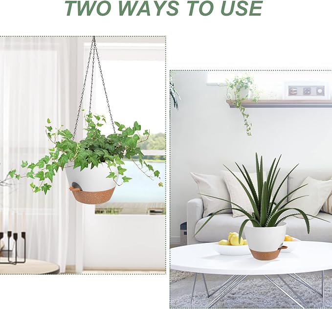 Hanging Planters for Indoor Outdoor Plants, 2 Pack Self Watering Hanging Pot with Drainage Holes & Removable Tray (White, 8'')-Ruum Studio Home