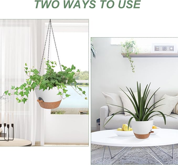 Hanging Planters for Indoor Outdoor Plants, 2 Pack Self Watering Hanging Pot with Drainage Holes & Removable Tray (White, 6'')-Ruum Studio Home