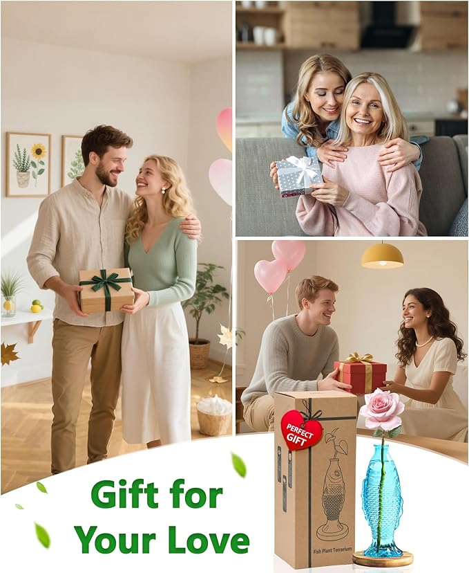 Nacome Fish Vase Glass Plant Terrarium with Wooden Stand,Planter Propagation Station for Home Office Hydroponics Desk Decoration,Unique Gardening Gifts for Plant Lovers Women Mom(Blue)-Ruum Studio Home