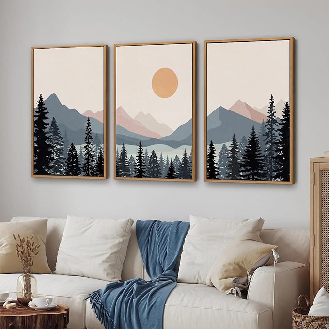 Tinonedraw Boho Mountain Framed Canvas Wall Art Set of 3, Watercolor Nature Landscape Art Prints, Modern Sunrise Art Paintings, Black Pines Tree Forest Wall Decor for Living Room Bedroom Office 16"x24"x3-Ruum Studio Home