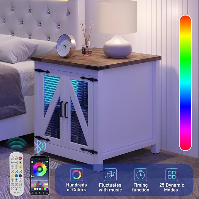 Farmhouse End Table, 24" Large Sofa Side Table with Charging Station, Mesh Barn Door, and Adjustable Storage Shelf, Rustic Wood Square Nightstand for Living Room, Bedroom, Office, White &Brown-Ruum Studio Home