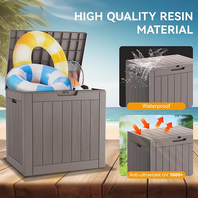 KAMABOKO Deck Box, 32 Gallon Resin Indoor and Outdoor Storage Boxes Waterproof for Garden Tools, Pool Accessories Storage Bench, Patio Furniture and Cushions with Lockable Lid, Grey-Ruum Studio Home