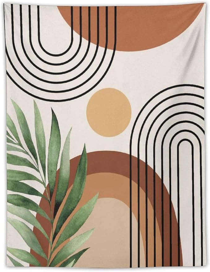 Abstract Bohemian Mid Century Tapestry, Tropical Leaves Modern Geometric Archway Minimalist Bohemian Botanical Aesthetic Wall Hanging, Sage Green Gold Home Decor Art for Bedroom 30x40 Inch-Ruum Studio Home