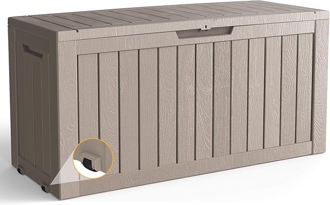 80 Gallon Outdoor Storage Box with Wheels, Waterproof Lockable Resin Deck Box Patio Storage Bin for Pool Accessories Cushion Furniture, Garden Tools, UV-Resistant Outside Delivery Grey-Ruum Studio Home