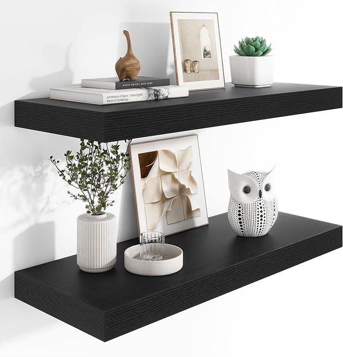 Heimlove 12" Deep Floating Shelves, 36 x 12 Inch Wall Mounted Long Floating Shelf with Invisible Brackets, for Home Decor, Bedroom, Kitchen, Living Room, Bathroom - 2 Pack, Black-Ruum Studio Home