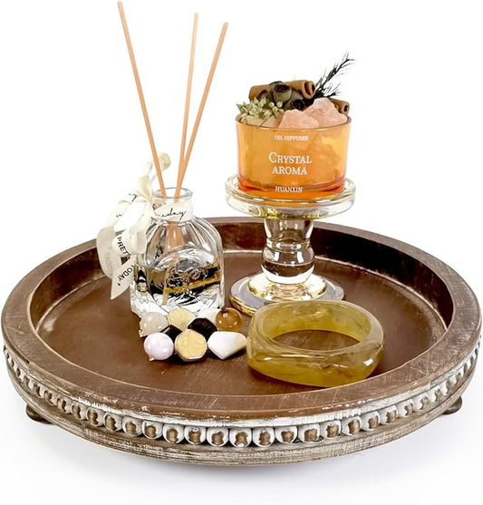 12 Inches Rustic Wooden Decorative Tray, Small Round Beaded Wood Tray for Kitchen Dinning Table Centerpiece Decor Entryway Living Room Home Decor, Brown-Ruum Studio Home