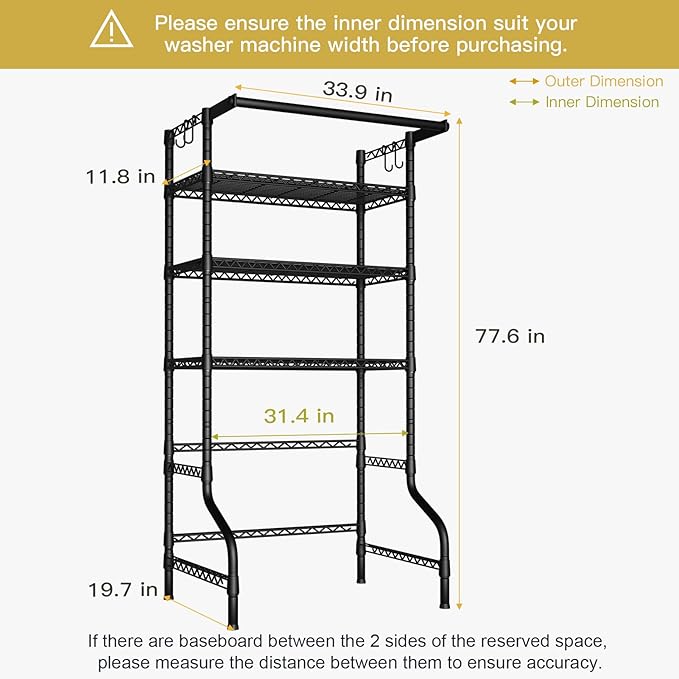 Ulif U11 Over Washer and Dryer Shelves, 3 Tiers Laundry Room Storage and Organizer Standing Shelf, Metal Freestanding Clothes Drying Rack, 33.9" W x 19.7" D x 77.6" H, Black-Ruum Studio Home