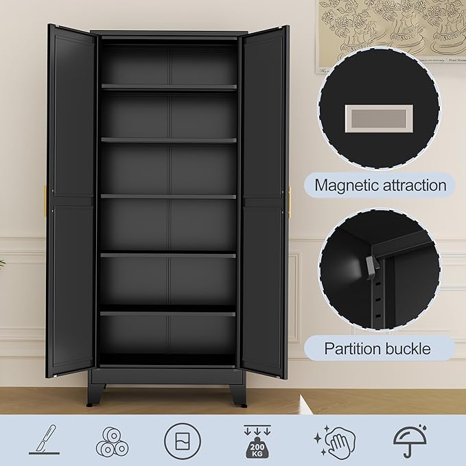Black Metal Storage Cabinet,75" Steel Cabinets for Home Office, Kitchen Pantry Storage Cabinet with Doors and 5 Adjustable Shelves, Tool Cabinets, for Office, Home, Garage, School-Ruum Studio Home