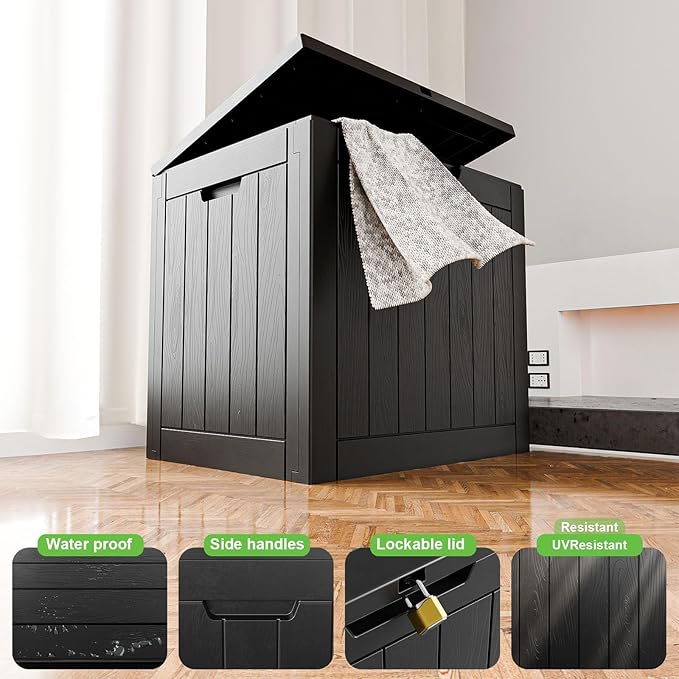 30 Gallon Outdoor Deck Box,Storage Lockable Waterproof Patio Furniture,Garden Tools,Cushions,Pool Accessories Outside Storage Resin Box(Black)-Ruum Studio Home