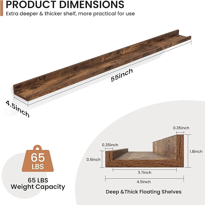 Fun Memories Picture Ledge Shelves Set of 2, 55 Inch Rustic Wall Mounted Floating Shelves with Lip for Home Storage and Décor in Bathroom, Kitchen, Nursery, Bedroom, Living Room, Brown-Ruum Studio Home