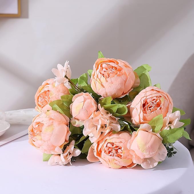 Duovlo Springs Flowers Artificial Silk Peony Bouquets Wedding Home Decoration,Pack of 1 (Spring Orange-Pink)-Ruum Studio Home