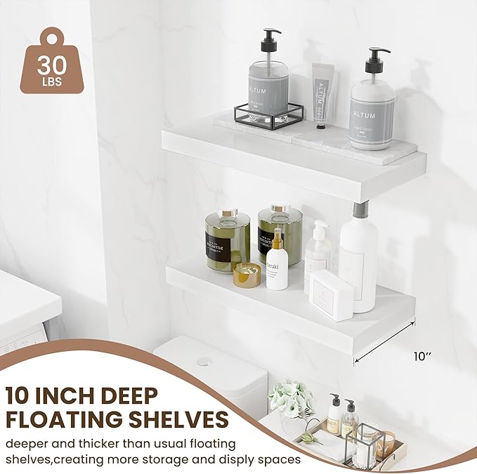 Fun Memories 24 Inch Floating Shelves Wall Mounted, 10 Inch Deep Wall Shelves, 24 x 10 Floating Shelf for Living Room Bathroom Bedroom, White, Set of 2-Ruum Studio Home