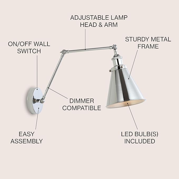 JONATHAN Y JYL7460A Rover 7" Farmhouse Industrial Adjustable Arm Metal LED Wall Sconce Rustic Bohemian 2700K LED 4W Bulb for Entryway Lobby Kitchen Bathroom Bedroom Living Room Hallway, Chrome-Ruum Studio Home
