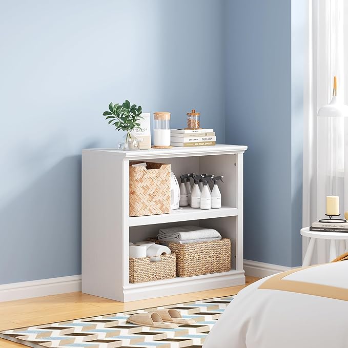 30" Bookcase, White Floor Standing Bookshelf, 2-Tier Display Shelves Open Storage Organizer, Book Case for Living Room Hallway Kitchen Home Office Bedroom, White 2 Tiers-Ruum Studio Home
