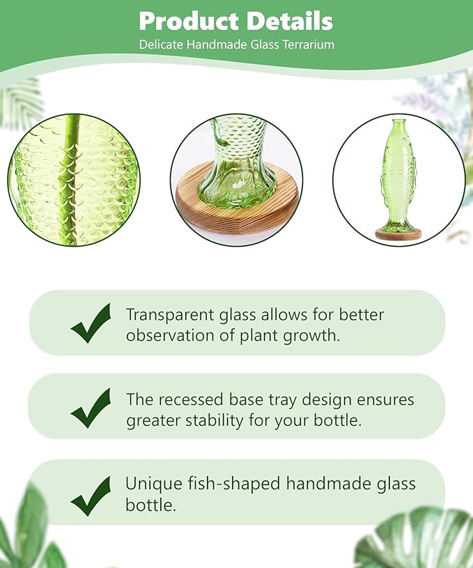 Nacome Fish Vase Glass Plant Terrarium with Wooden Stand,Plant Propagation Station for Home Office Hydroponics Desk Decoration,Unique Gardening Gifts for Plant Lovers Women Mom(Green)-Ruum Studio Home