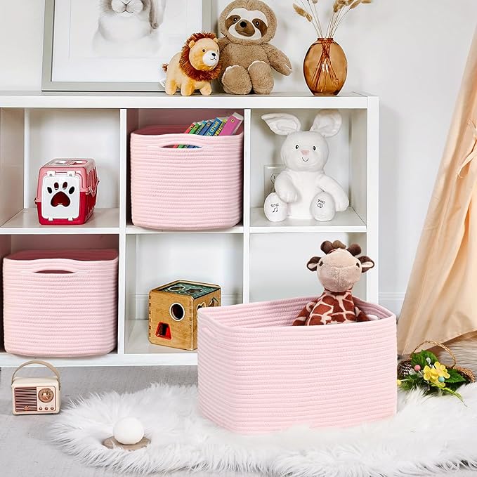 3-Pack Shelf Baskets for Organizing, Woven Storage Basket for Shelves, Cotton Rope Storage Bins for Toys Books, Nursery Towel Baskets for Classroom, 14.96"X9.8"X8.85", Pink-Ruum Studio Home
