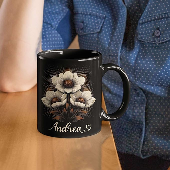 Personalized Nature Inspired Coffee Mug, Custom Name Black Cup 11oz or 15oz, Elegant Flower Ceramic Mug for Gardeners, Custom Floral Themed Coffee Cup, Gifts for Flower Lovers-Ruum Studio Home