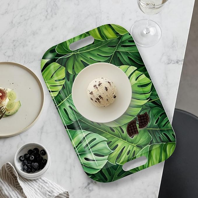 Serving Trays with Handles, 14.5 x 9.8 inch Rectangular Plastic Tray for Restaurant, Kitchen, Tropical Leaf Pattern Monstera in The Style-Ruum Studio Home