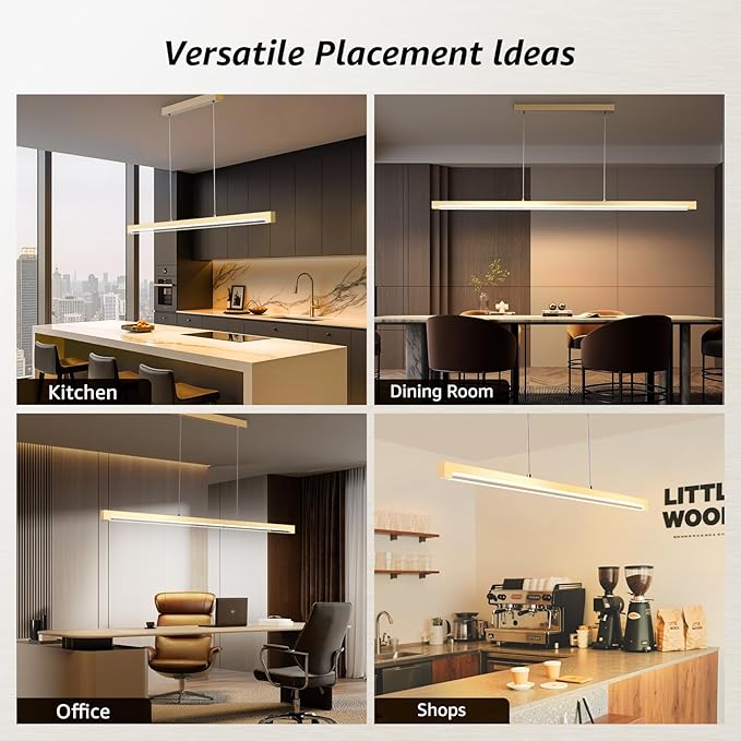 40W Gold Linear Pendant Light Aluminum, 54" Dimmable Kitchen Island Lighting with Remote & App Control, Adjustable CCT (3000K-6000K), Dining Room Chandelier for Home Office Study-Ruum Studio Home