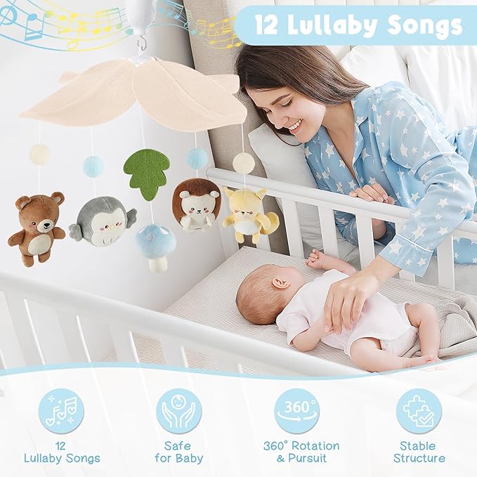 Woodland Crib Mobile – Forest Animals Baby Mobile for Crib with Upgraded 3-Mode Music Box, Blue Nursery Mobiles for Boys & Girls, Fits Standard Cribs, Forest Nursery Decor-Ruum Studio Home