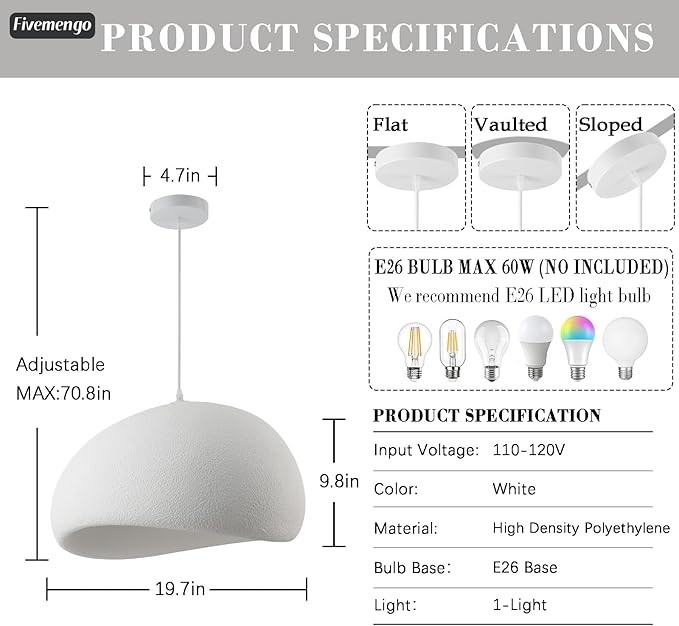19.7in Wabi Sabi Pendant Lights Kitchen Island Lighting Fixture Ceiling Mount White Modern Japanese Lamp Japandi Chandelier for Dining Living Room Hallway Bedroom Restaurant Hanging Lamp-Ruum Studio Home