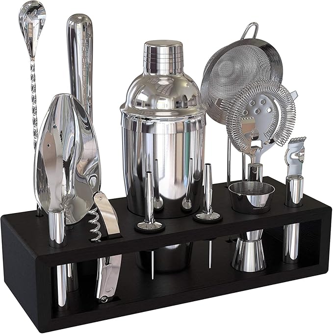 Highball & Chaser 13-Piece Cobbler Cocktail Shaker Set Stainless Steel Mixology Bartender Kit With Stand For Home Bar Cocktail Set | Laser Engraved Cocktail Tools | Plus Ebook with 30 Cocktail Recipes-Ruum Studio Home