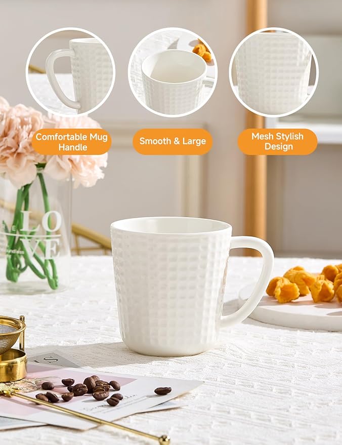 Ceramic Coffee Mugs 15 oz, Large Waffle Embossed Mug Set, Coffee Cups for Latte, Cappuccino, Cocoa, Hot Tea, Mocha, Milk, Housewarming Wedding Present, Microwave & Dishwasher Safe - Set of 6 (White)-Ruum Studio Home