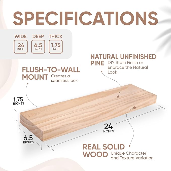 Homeforia 24 inch Wood Floating Shelves, High End Solid Natural Wood 24inch Floating Shelf for Wall, Unfinished Wooden 24 inches Floating Shelves, Heavy Duty Bracket, 24 X 6.5 X 1.75 in, Set of 4-Ruum Studio Home