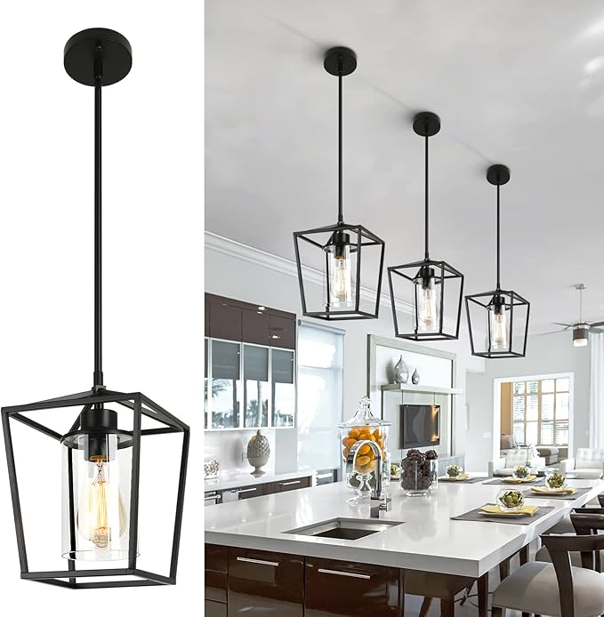 1-Light Black Pendant Light Fixture Farmhouse Iron Cage Metal Pendant Light Lantern Hanging Light Fixtures with Clear Glass Shade for Kitchen Island, Entryway, Dining Room, Hallway 5.9*5.9*8.27IN-Ruum Studio Home