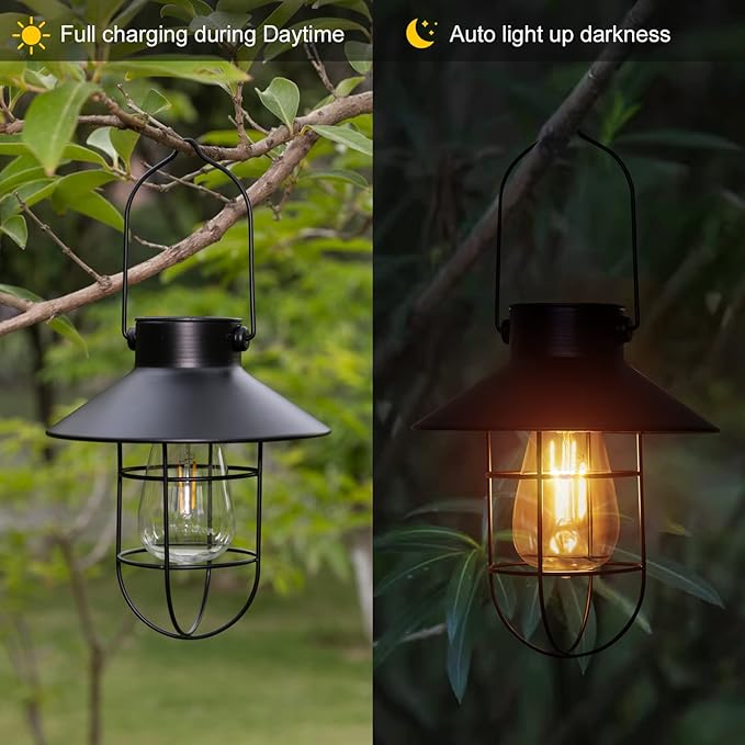 pearlstar Solar Lantern Outdoor 2 Packs Hanging Light Metal Solar Lamp with Warm White Edison Bulb Design for Garden Yard Patio Proch Decor(Black)-Ruum Studio Home