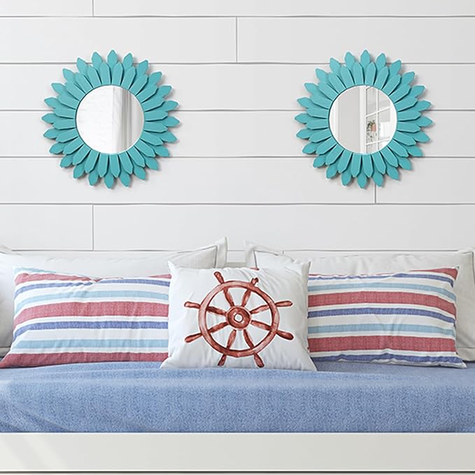 Honiway Beach Wall Decor Mirror 2 Pack 12 inch Wood Coastal Wall Decor Sunburst Boho Home Decor Room Decor for Bedroom Living Room Entryway Cyan-Ruum Studio Home