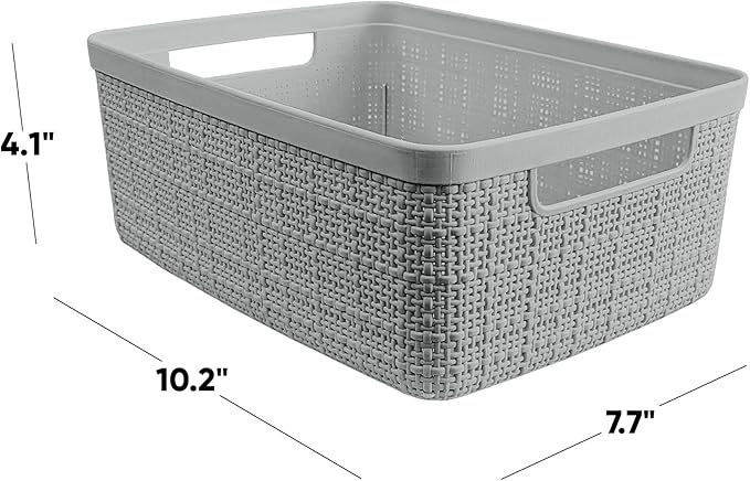 Curver Jute Decorative Plastic Organization and Storage Basket Perfect Bins for Home Office, Closet Shelves, Kitchen Pantry and All Bedroom Essentials, Small, Grey, Set of 8-Ruum Studio Home