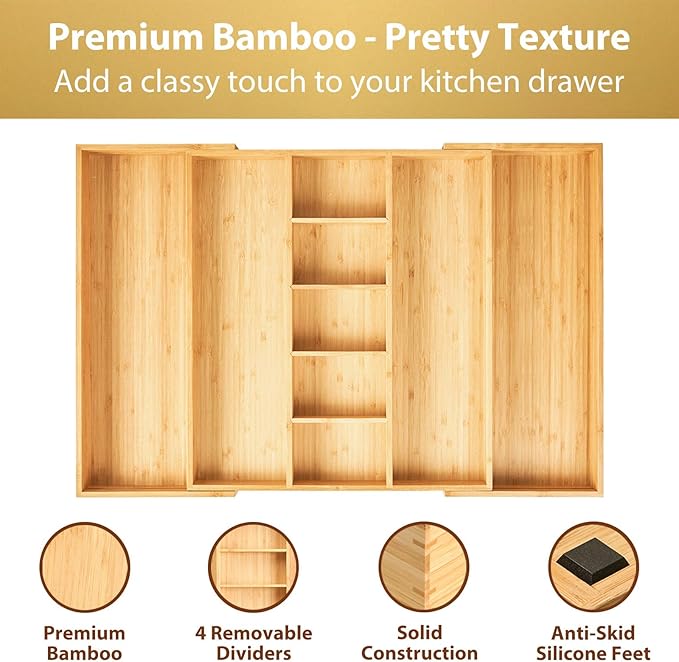 Umilife Extra Large Expandable Kitchen Drawer Organizer for Utensil and Junk, 19" Deep for Big Drawer, 17" to 28" Adjustable Bamboo Wood Drawer Divider, Cutlery Tray, Flatware Holder-Ruum Studio Home