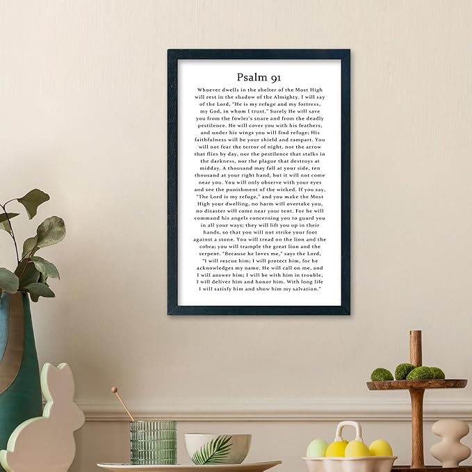 LuZhiQiang Psalm 91 Scripture Wall Art 16"×11" Bible Verse Christian Inspirational Sign Wood Framed Wall Hanging Decor (Black)-Ruum Studio Home