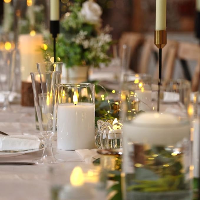 Homemory Clear Glass Flameless Candles, Pure White Wax Battery Operated Candles, LED Pillar Candles with Remote Control and Timers, D3 H4 5" 6", Set of 3-Ruum Studio Home
